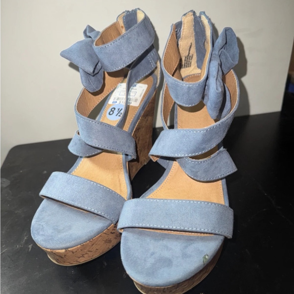 Report Blue Suede Cork Wedge Sandals with Ankle Bow